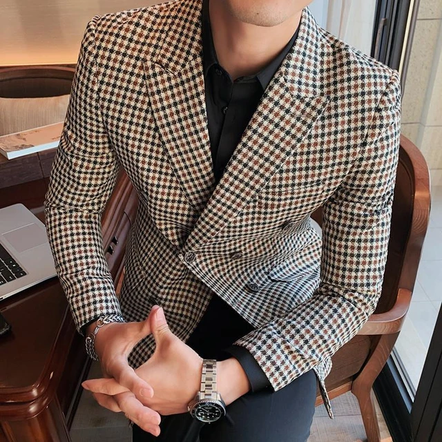 Blazer ajustado de pata de gallo de estilo británico para hombre, chaqueta Simple de doble botonadura, vestido de boda oficina de negocios, novedad de 2023 _ - AliExpress Mobile