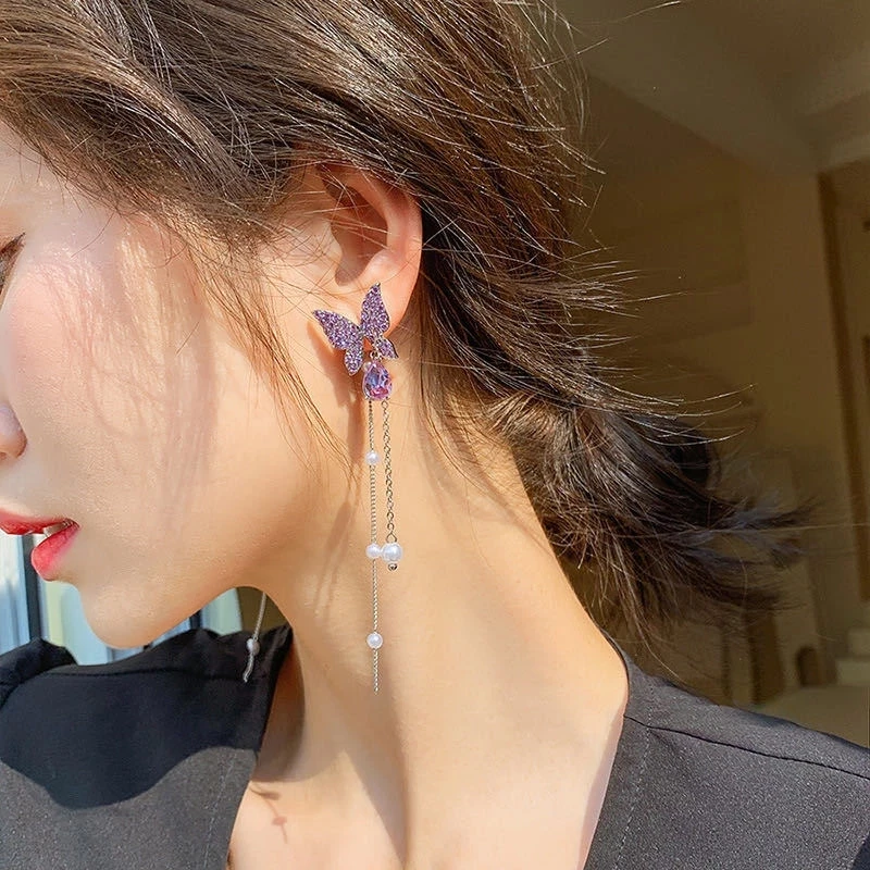 Korean Purple Crystal Butterfly Drop Earring For Women New Fashion Imitation Pearl Tassel Chain Rhinestone Earring Jewelry Gift