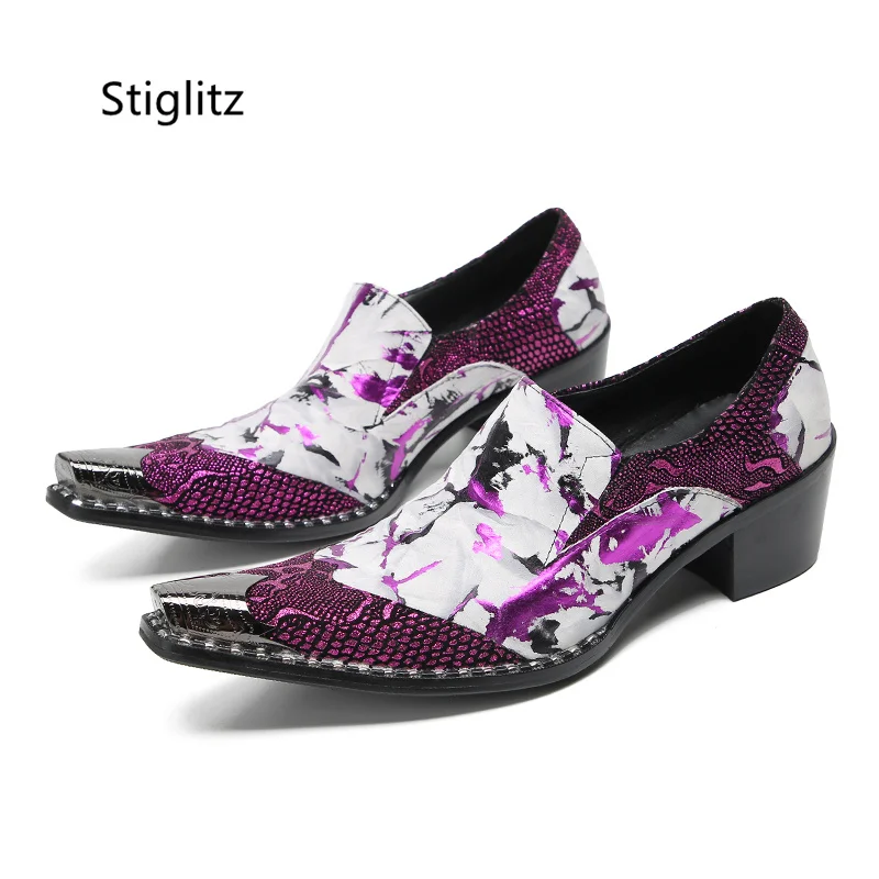 

Purple Snake Patten Print Leather Shoes for Men Business Work Office Shoes Metal Toe Mixed Colors Slip On Party Social Shoe