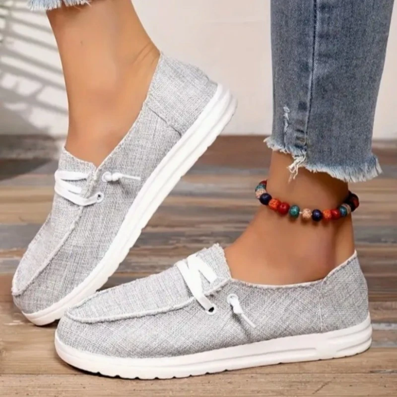 

Новинка 2023, женская обувь на весну и осень, Женская Вулканизированная обувь, однотонная холщовая женская обувь с круглым носком на низком каблуке, большие размеры