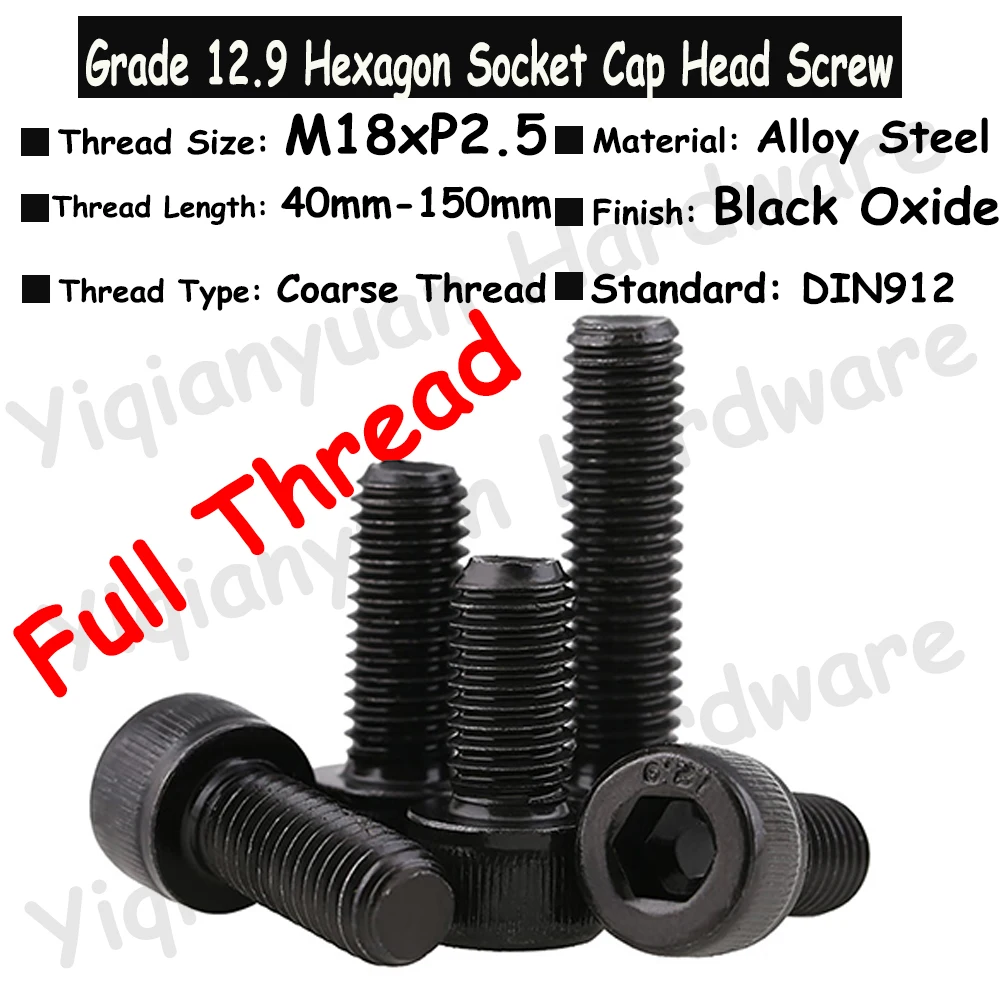 

1Piece~2Pcs M18xP2.5 Grade 12.9 Alloy Steel DIN912 Hexagon Socket Knurled Cap Head Screws Allen Key Bolts Full Threaded