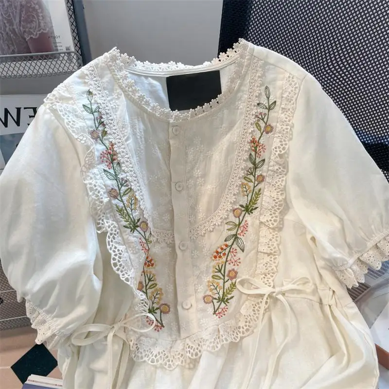 

French O-neck Lace Blouses Sweet Lady Embroidery Floral Puff Sleeve Shirts Chic Summer Casual Loose All Match Women's Clothing