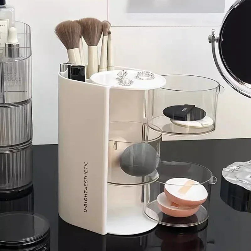Rotating Cosmetic Storage Box Makeup Powder Puff Shelf Holder Dustproof Desktop Remover Cotton Brush Storage Rack Organizer 2
