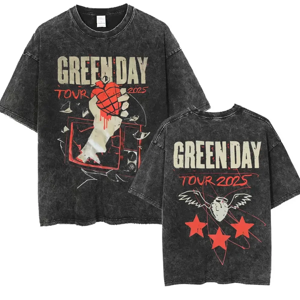 Washed Vintage Punk Band Green Day T Shirts Men Women Hip Hop