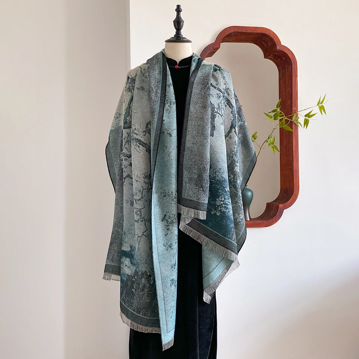 New Chinese Style Landscape Painting Women Scarf Soft Warm Pashmina Shawl Winter Outdoor Coldproof Windproof Blanket Wrap Scarf