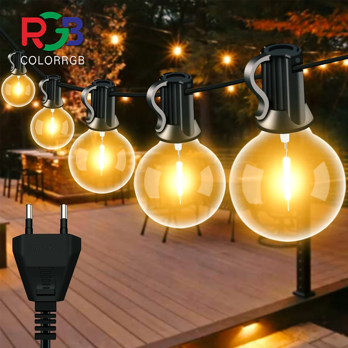 Außenleuchte, 15 m lange LED-Lichterkette mit 50 Glühbirnen, IP44 wasserdichte Außen- und Innen-Dekorationsleuchte für den Garten