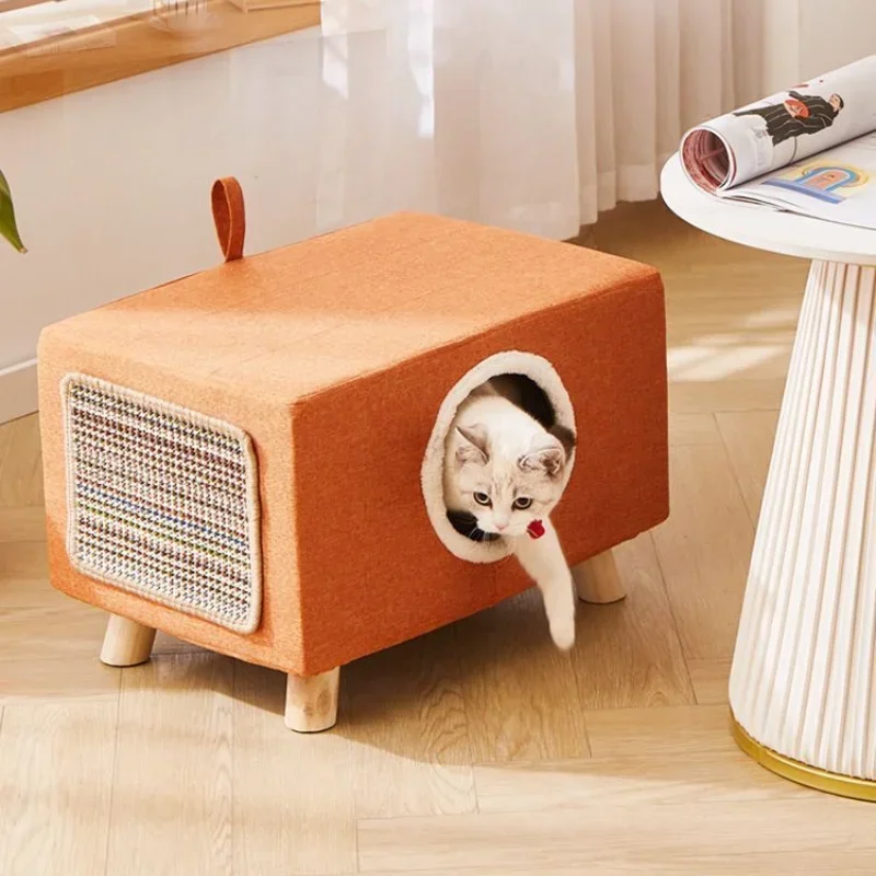 Multifunctional Solid Wood Cat Nest Stool Portable Pet Furniture Semi-enclosed Pet Bed with Soft and Comfortable Cushion