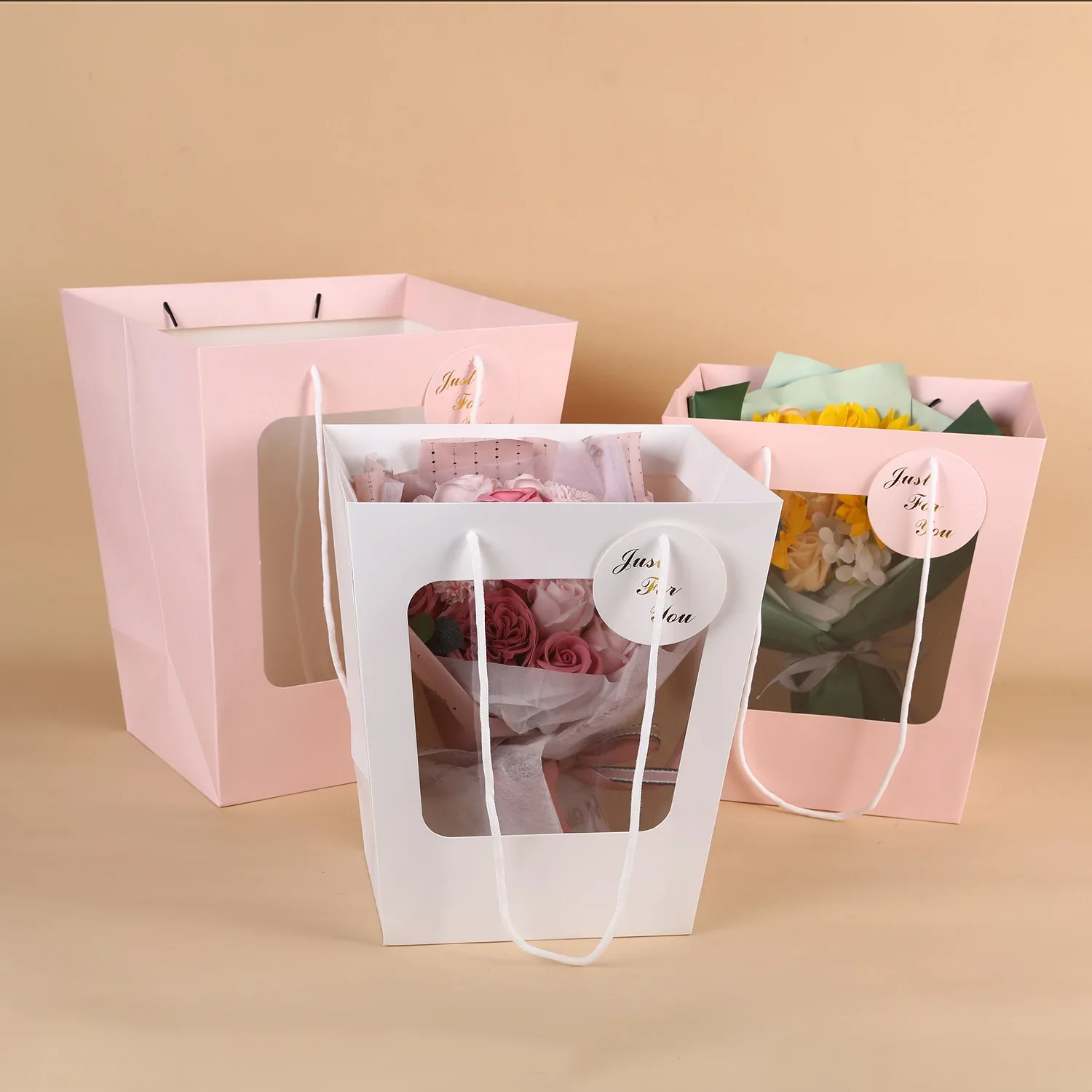 Trapezoidal Windowed Tote Bag Doll Bouquet Packaging Gift Paper Bag Flower Potted Plant Paper Transparent Flower Tote