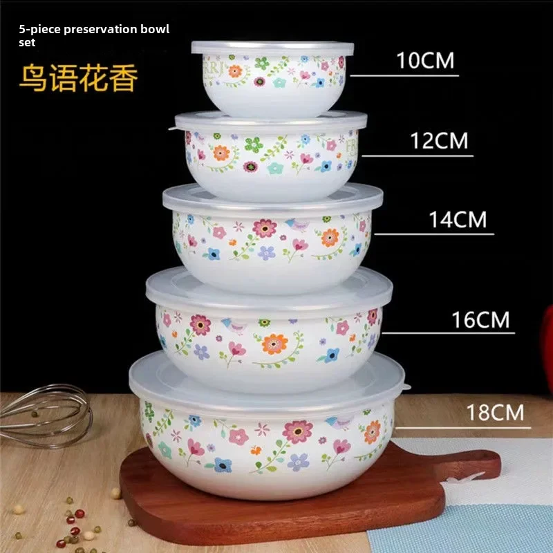 두꺼운 에나멜 뚜껑 포함 신선도 유지 그릇, 냉장고 신선도 유지 상자, 에나멜 그릇 수프, 3-5 개