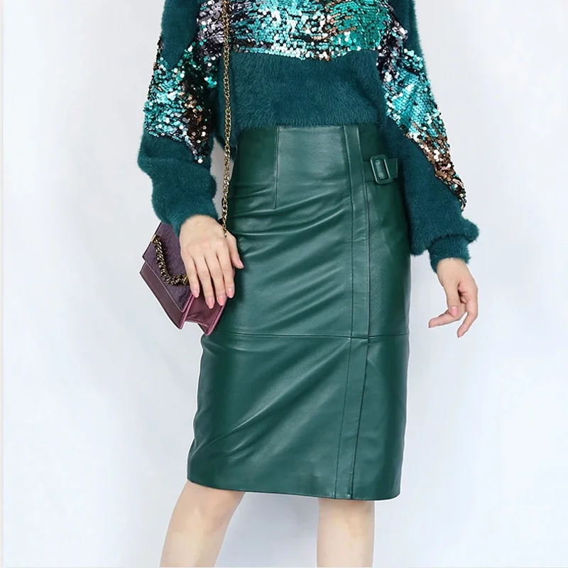 

Elegant 2023 Women 100% Genuine Leather Midi Skirt Ladies High Waist Slim Hip Saia OL Professional Side Belt Knee Long Split Jup