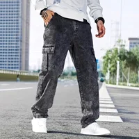 Jean ample en denim pour homme, taille haute, coupe droite, noir/gris, grandes poches, style urbain, grande taille, pantalon long, automne-hiver 1