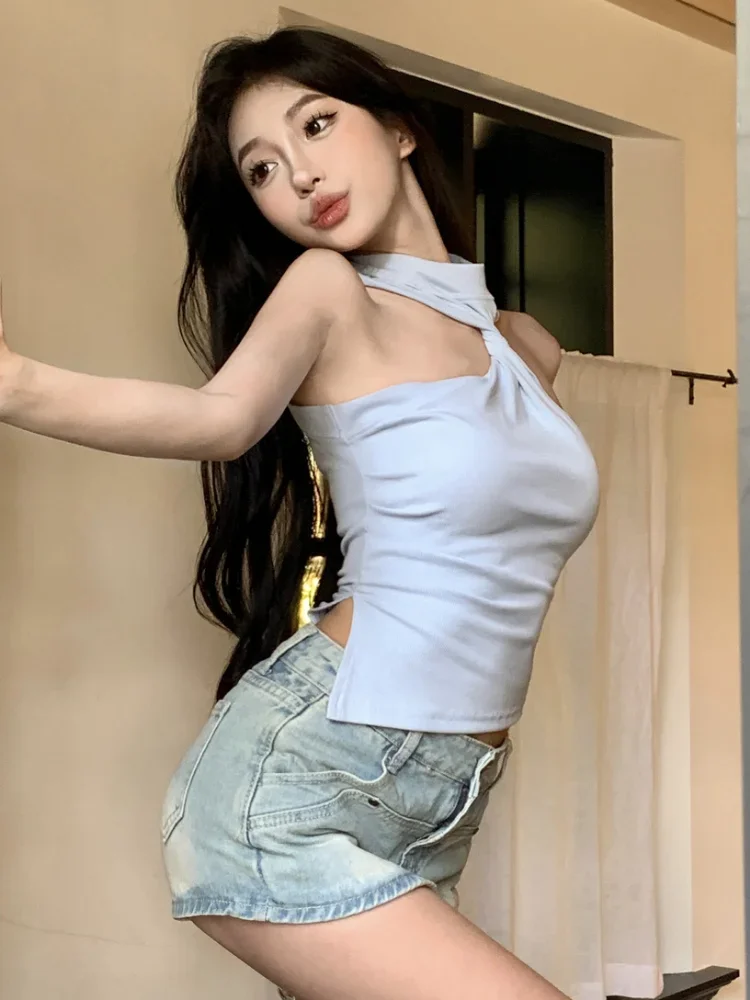 

Halter Sexy Off Shoulder Fairy Cropped Tops Women Y2k Aesthetic All Match Sleeveless Tank Top Solid Korean Fashion Casual Tanks