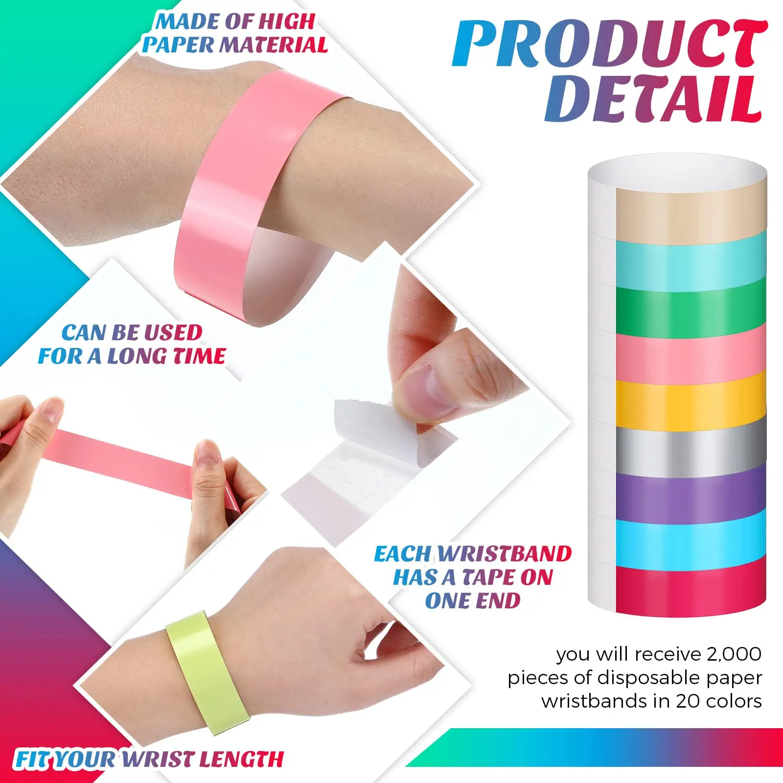 2000Pcs Synthetic Tyvek Paper Wristbands for Events Bulk Variety Neon Waterproof Bands Adhesive Armbands for Festivals,20 Colors