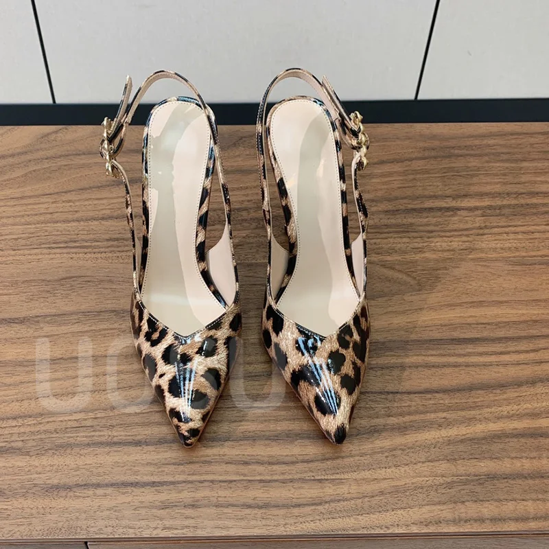 Designer Women Heels Luxury Crystal Leopard Pattern Patent Leather Side Hollow Fine Heel Ladies Shoes Ankle Strap Dress Shoes