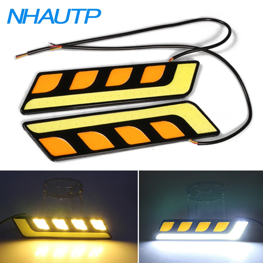 

NHAUTP 2Pcs Dual Color COB Daytime Running Lights White+Amber Bulbs Car LED DRL DHO Turn Signal Lamp DC12V Aluminum