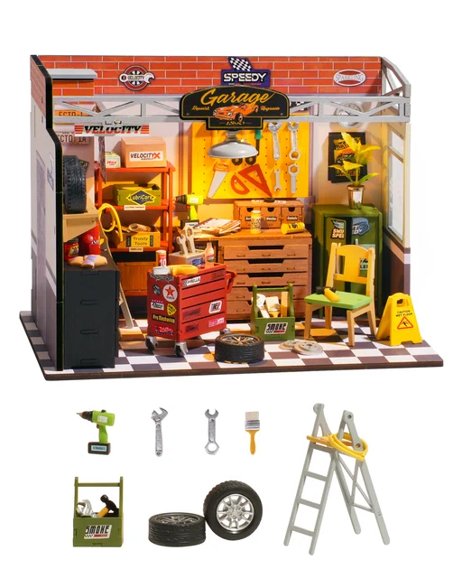 Robotime Wooden Dollhouse Garage Workshop Miniature DIY Craft Dollhouse Kit Building Kits with LED Lights for Children Adults
