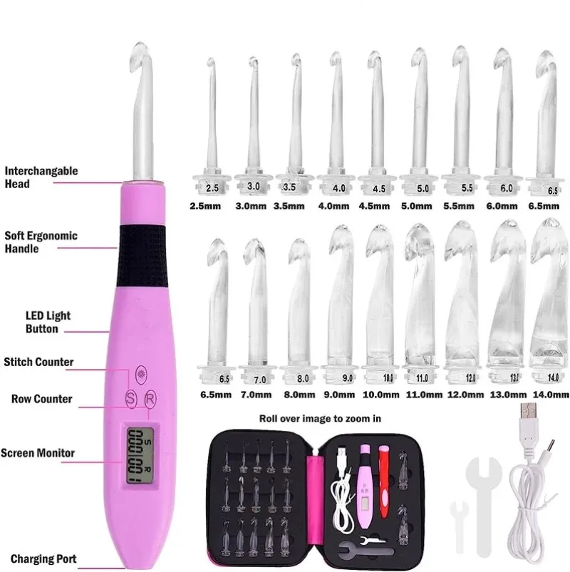  17 Sizes Digital Crochet Hooks with Counter 2.50~14.0