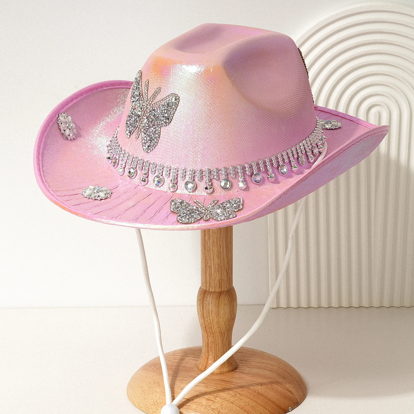 Rhinestone Butterfly Cowgirl Hat for Women Wide Brim Diamond Glitter Western Hat Cap for Wedding Music Costume Party