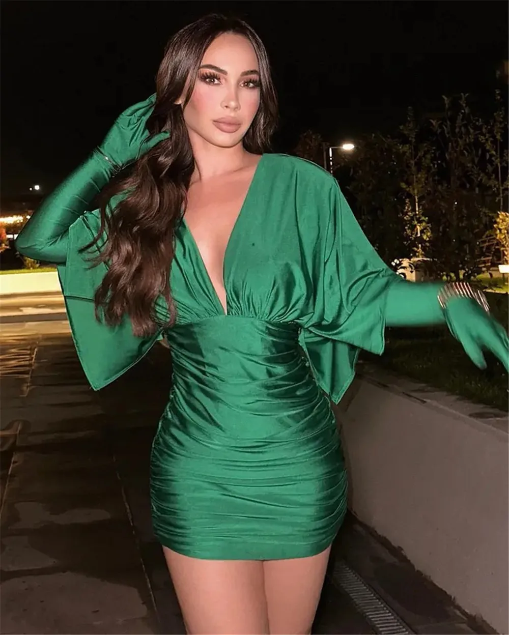

Vsstiar Elegant V Neck Ruched Dress For Women Green Half Sleeve High Waist Mini Vestidos With Gloves Sexy Party Club Clothes