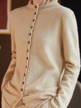 Cardigan lavorato a maglia in lana australiana 100% tinta unita a maniche lunghe da donna Autunno e inverno Giacca lavorata a maglia alla moda francese 1