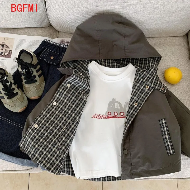 2-11세 아동용 체크무늬 재킷 봄과 가을 2025년 신상  캐주얼 후드 양면 상의 아동복 소년용 멋진 스타일