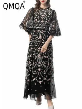 QMQA Moda Donna Stampa Abiti ricamati Girocollo Manica corta Vita alta Elegante abito da banchetto 2024 Abbigliamento 1A133 1