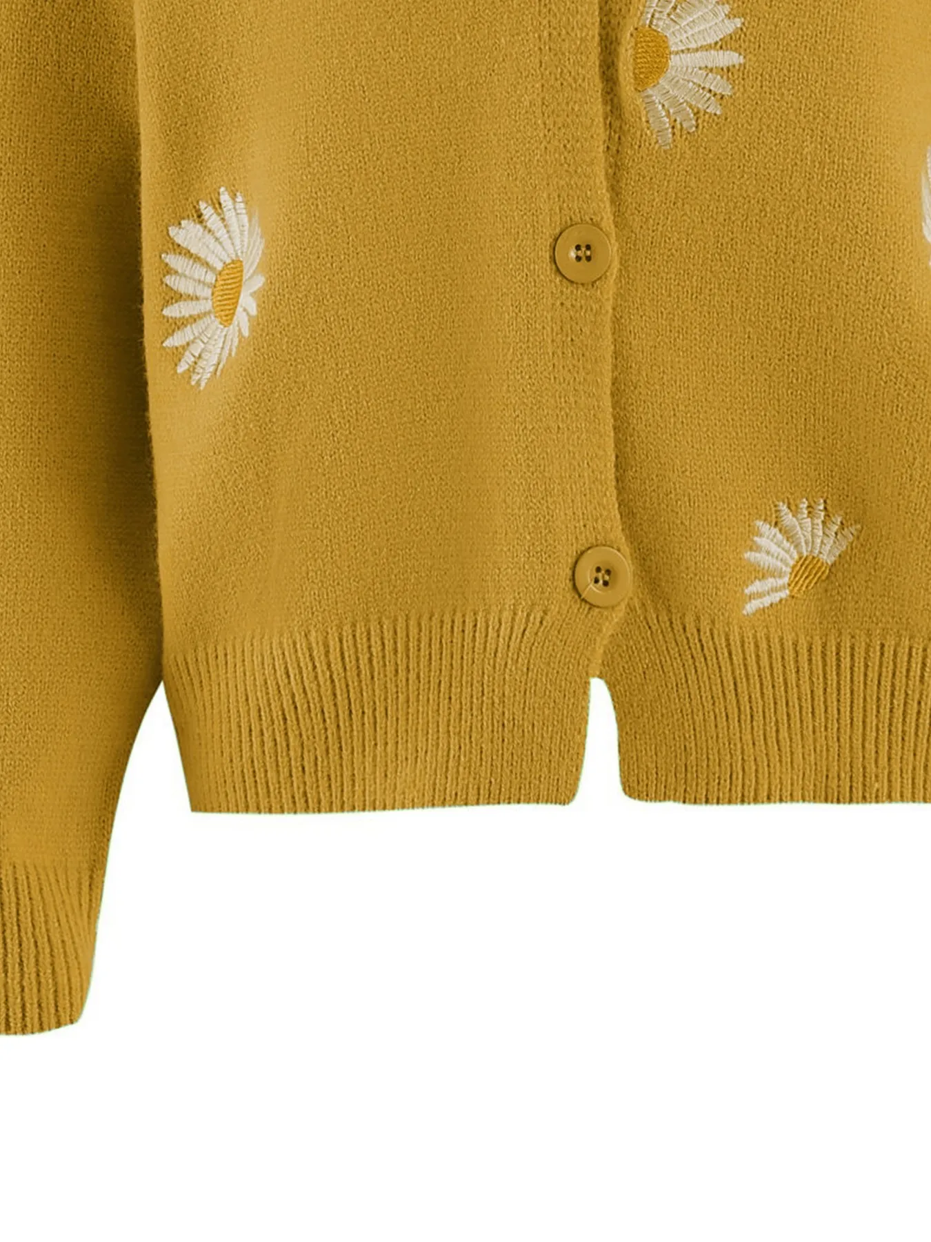 Women's Mustard Yellow Daisy Embroidered V-Neck Knit Cardigan Casual Oversized Long Sleeve Outerwear 3