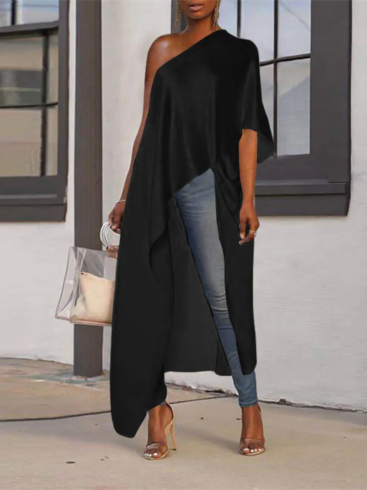 

Модные женские Асимметричные летние длинные топы VONDA 2024, сексуальная женская рубашка с открытыми плечами, Длинная блузка, однотонные женские блузы, туника