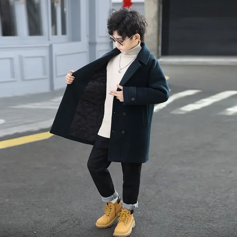 Boys Wool Coat Autumn Winter Children's Jacket Fashion Turn Collar Plaid Keep Warm Outerwear Teenage Clothes New 5-14Year