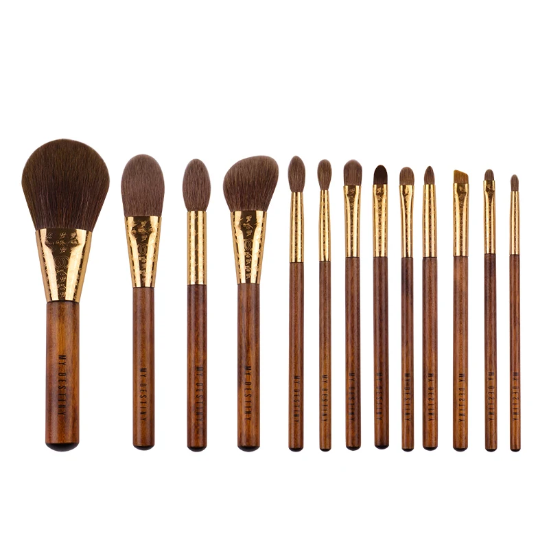 Brown Makeup Brush Set Made of Soft Animal and Synthetic Hair Include Face and Eye Brush 13 Pcs