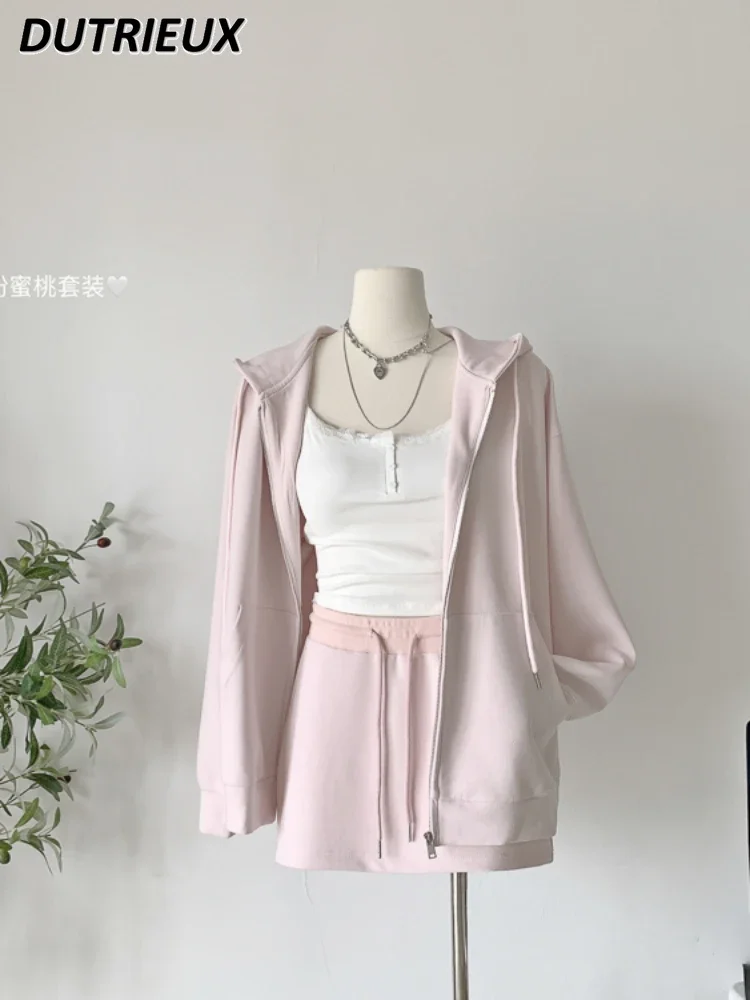 Spring and Autumn New Long Sleeve Solid Color Hoodie Coat Female Early Autumn New Fashion Casual Pink Sweatshirt + Short Skirt