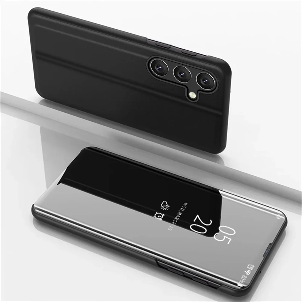 Sleek Mirror Flip Leather Phone Case with Stand Feature and Hard Back Cover