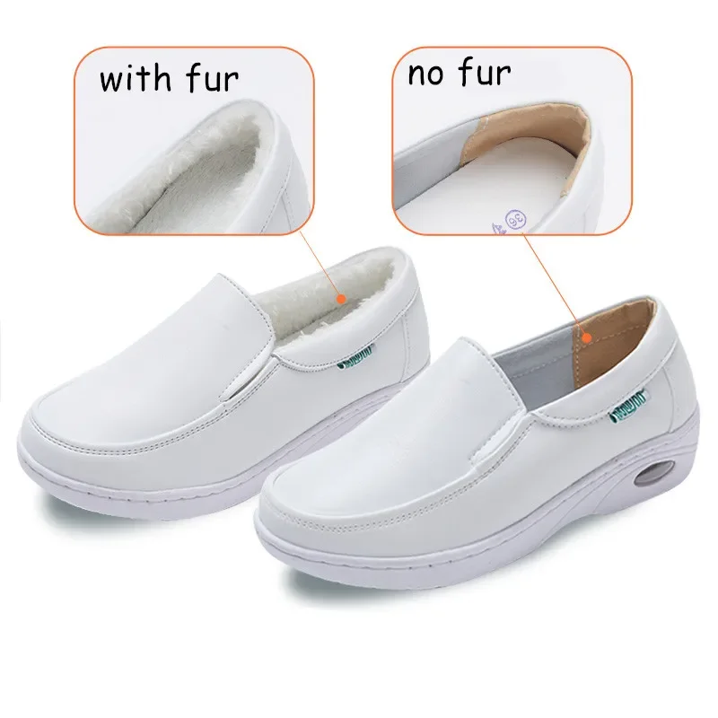 YAERNI Air Cushion White Nurse Shoes Winter Flats  Platform Sneakers Warm Moccasins with Fur Slip on Loafers Cotton Shoes 4