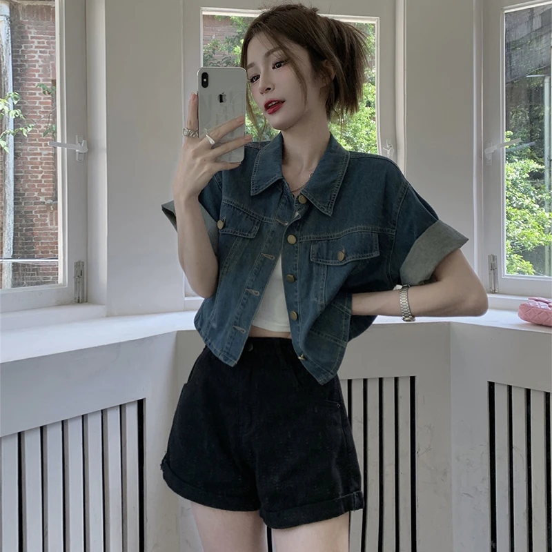 2023 여름 새로운 여성 데님 코트, 플러스 사이즈 복고풍 짧은 소매 셔츠 재킷 탑
