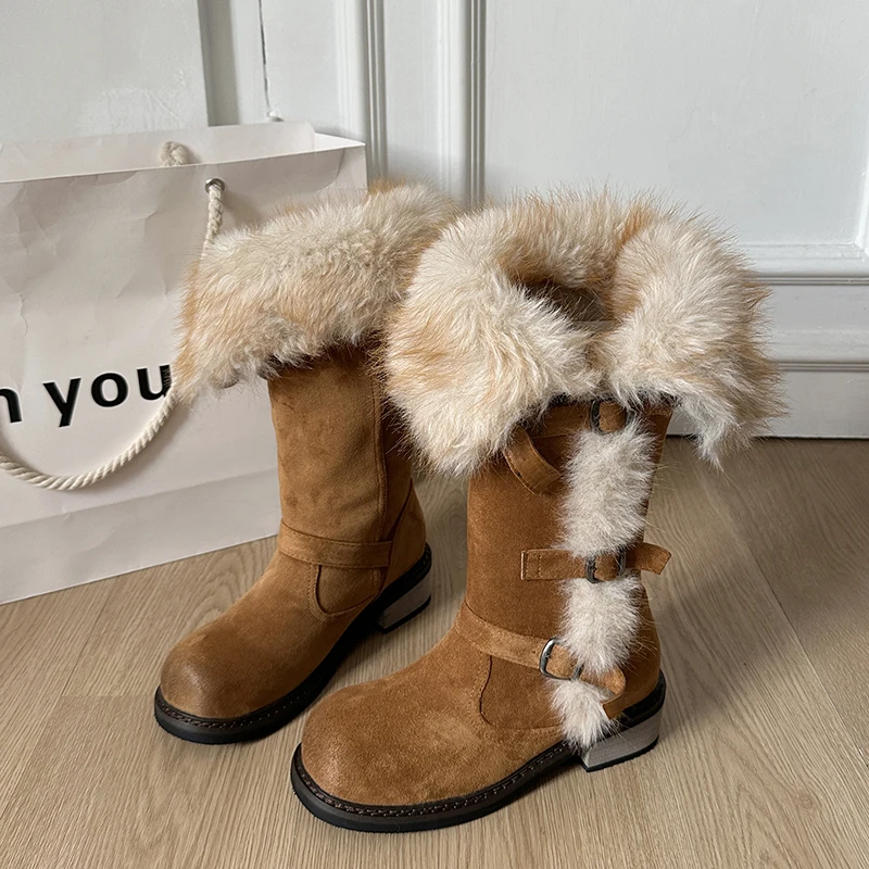 Aphixta Fashion Mid-Calf Snow Boots For Woman Buckle Design Slip On Furry Warm Winter Boots Plush Lining Med Heel Women Shoes