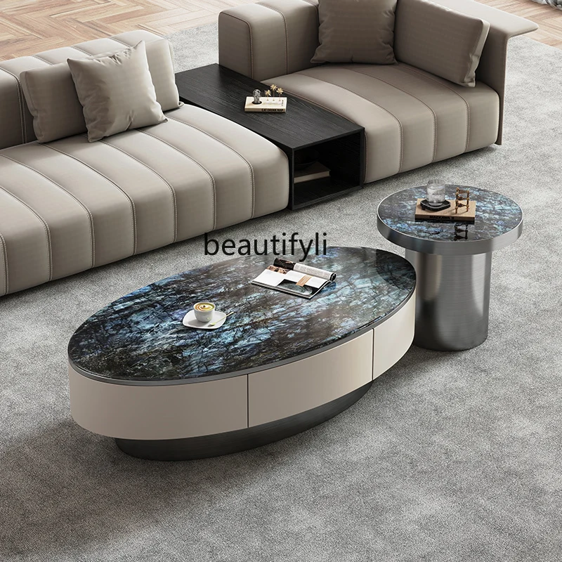 

Natural Marble Coffee Table Living Room Light Luxury Oval Size Combination Super Crystal Stone Tea Table Advanced