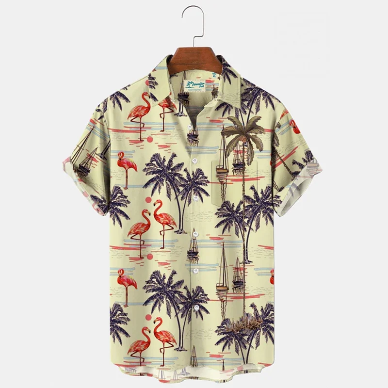 

2024 Summer Hawaiian Coconut Tree Men's Shirt Short Sleeve Striped Print Pocket Men's Single Button Beach T-shirt Men's Clothing
