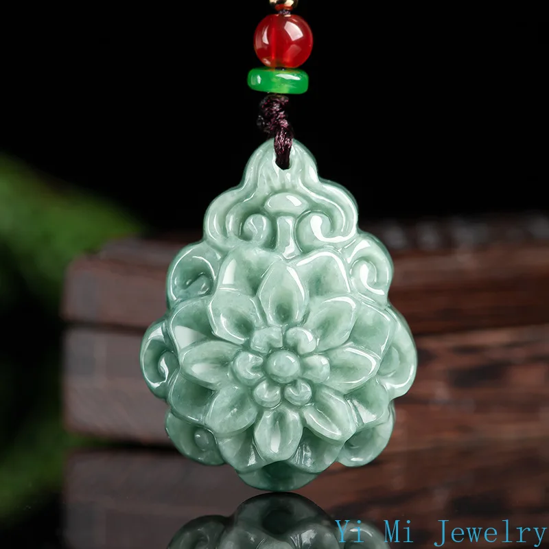 Natural A-grade Jade Rose Pendant Green Bean Seed Pendant Sweater Chain Necklace Jade Stone Jewelry Accessories