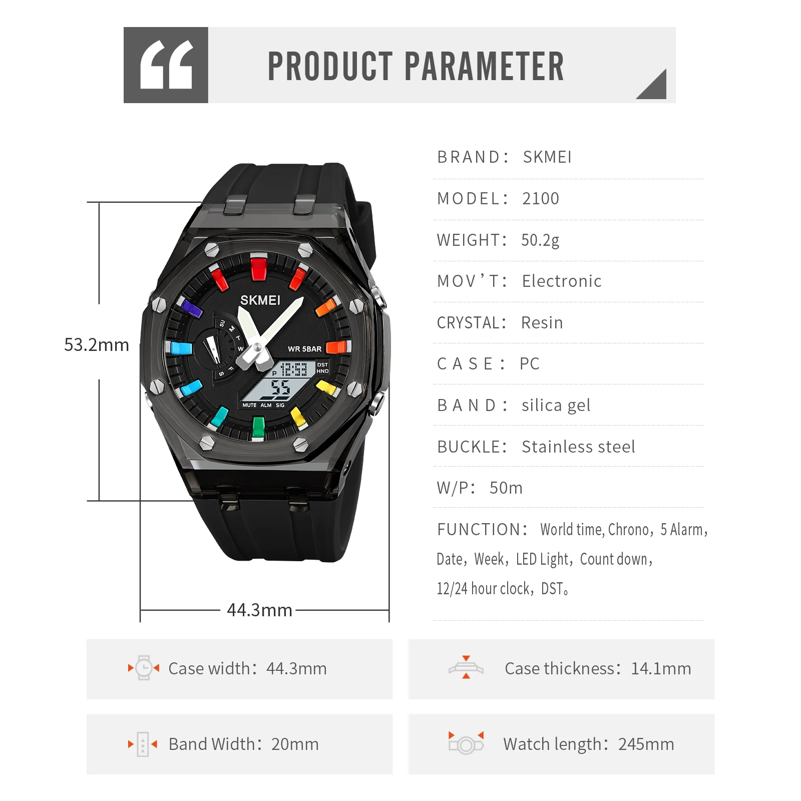 SKMEI 2100 Outdoor Men Digital Watch Colourful LED Display Watches Waterproof Shock Resistant Mens Wristwatch Clock Reloj Hombre