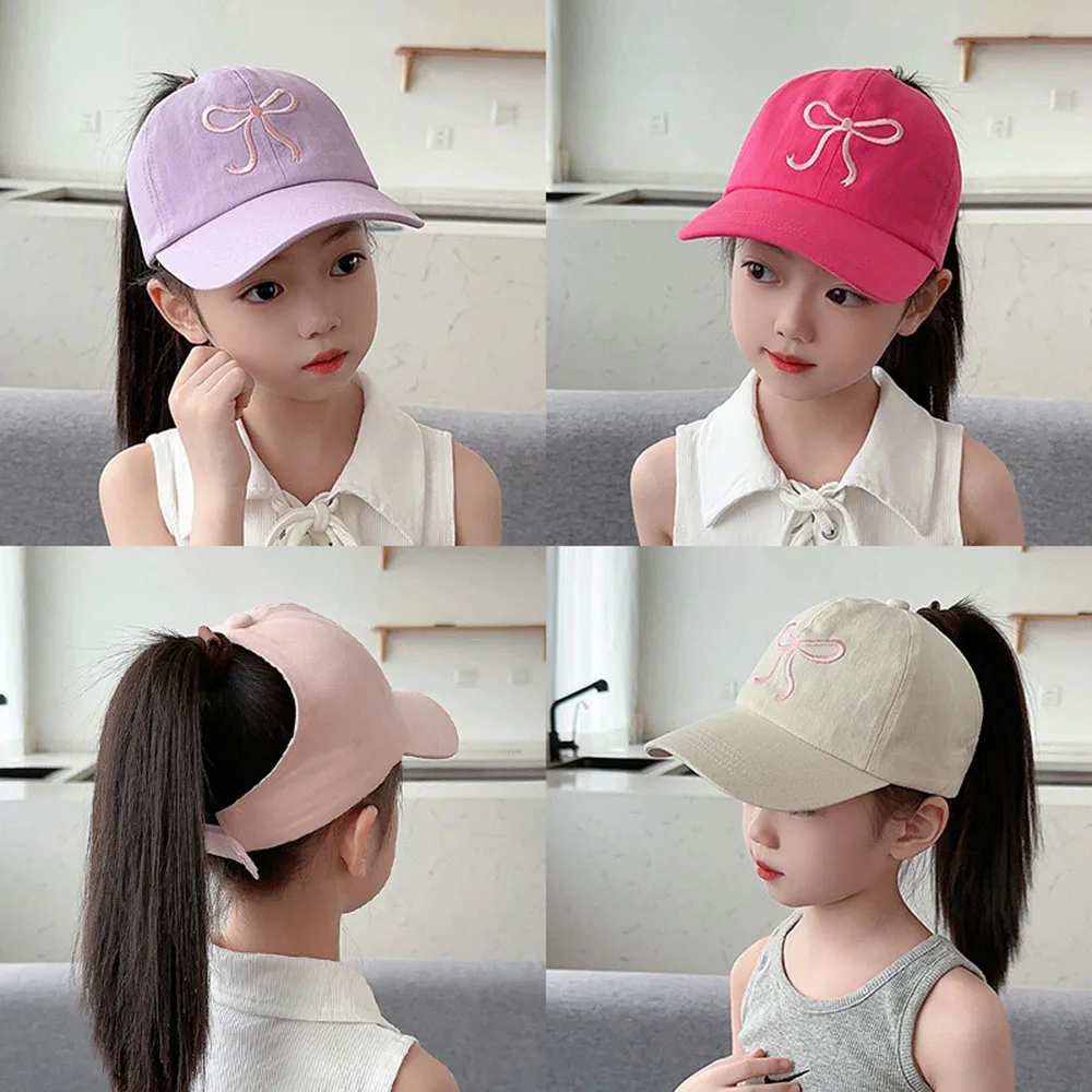 Bowknots Hollow High Ponytail Caps Kids Baseball Caps For Boys Girls Adjustable Empty Top High Ponytail Summer Sun Hats