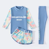 3Pcs Kids Girls Colorful Print Swimsuit Swimwear Long Sleeve Top+Shorts with Pants Set Sun Protection Rash Guard Swimming Outfit 4