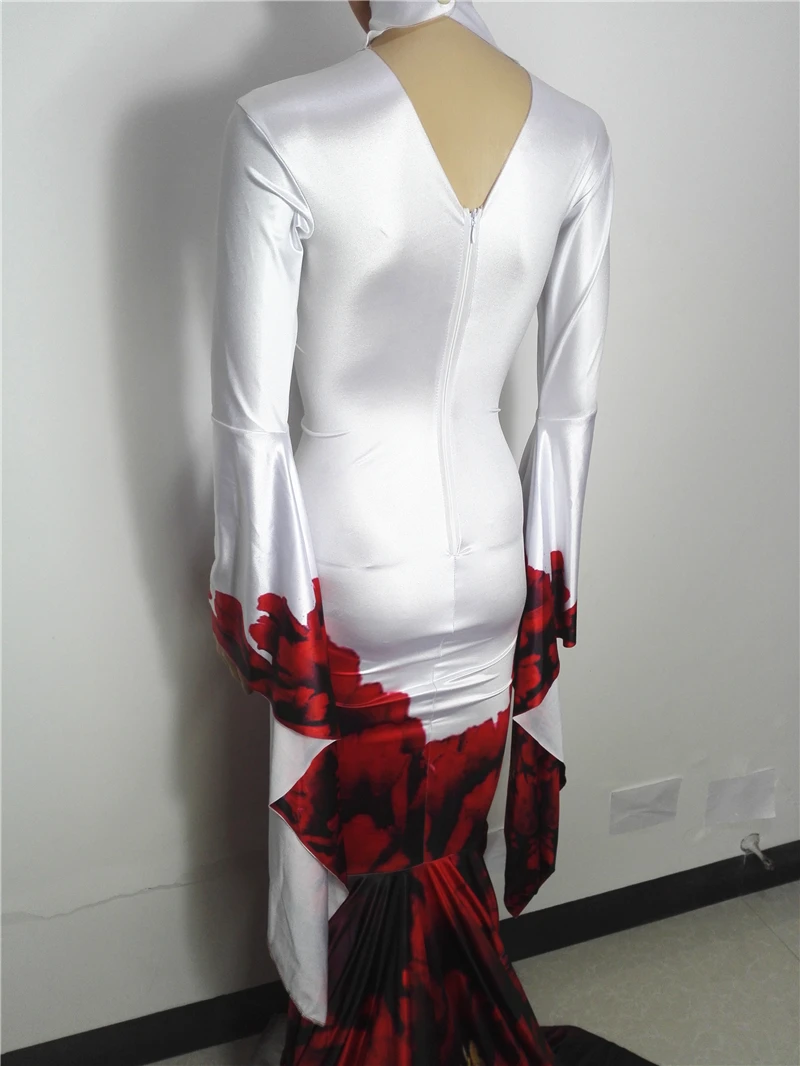 Vintage Stage Performance Costume Red Floral Print Trailing Long Dress Women Birthday Party Evening Celebrate Performance Outfit