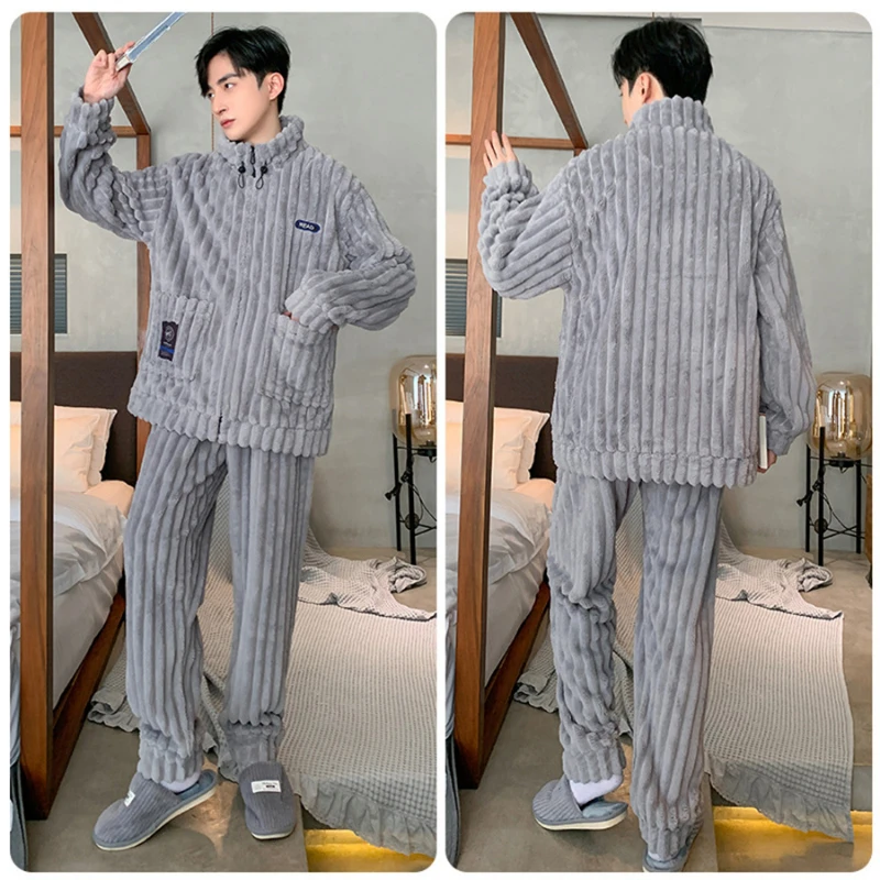 Coral Fleece Men Winter Warm Pajamas Sets Stand Collar Fluffy Coat + Long Pants Sleepwear for Sleeping Men's 2 Pieces Loungwear