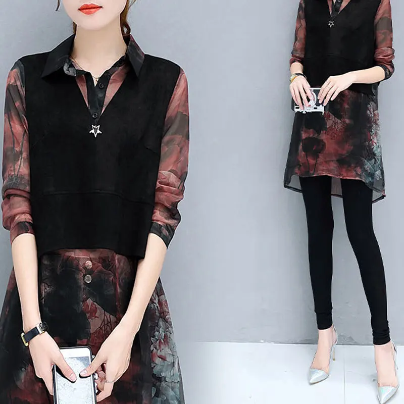 

Female Clothing Vintage Printed Midi Shirt Spring Autumn Korean Commute Fake Two Pieces Patchwork Stylish Star Sequined Blouse