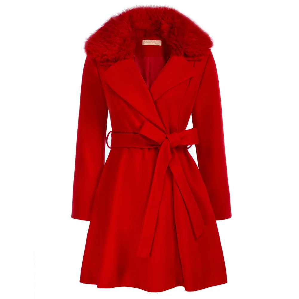 BP Women Detachable Fur Collar Overcoat With Belt Lapel Collar Knee Length Coat  Mid-Length Winter Outerwear Solid Jacket A30