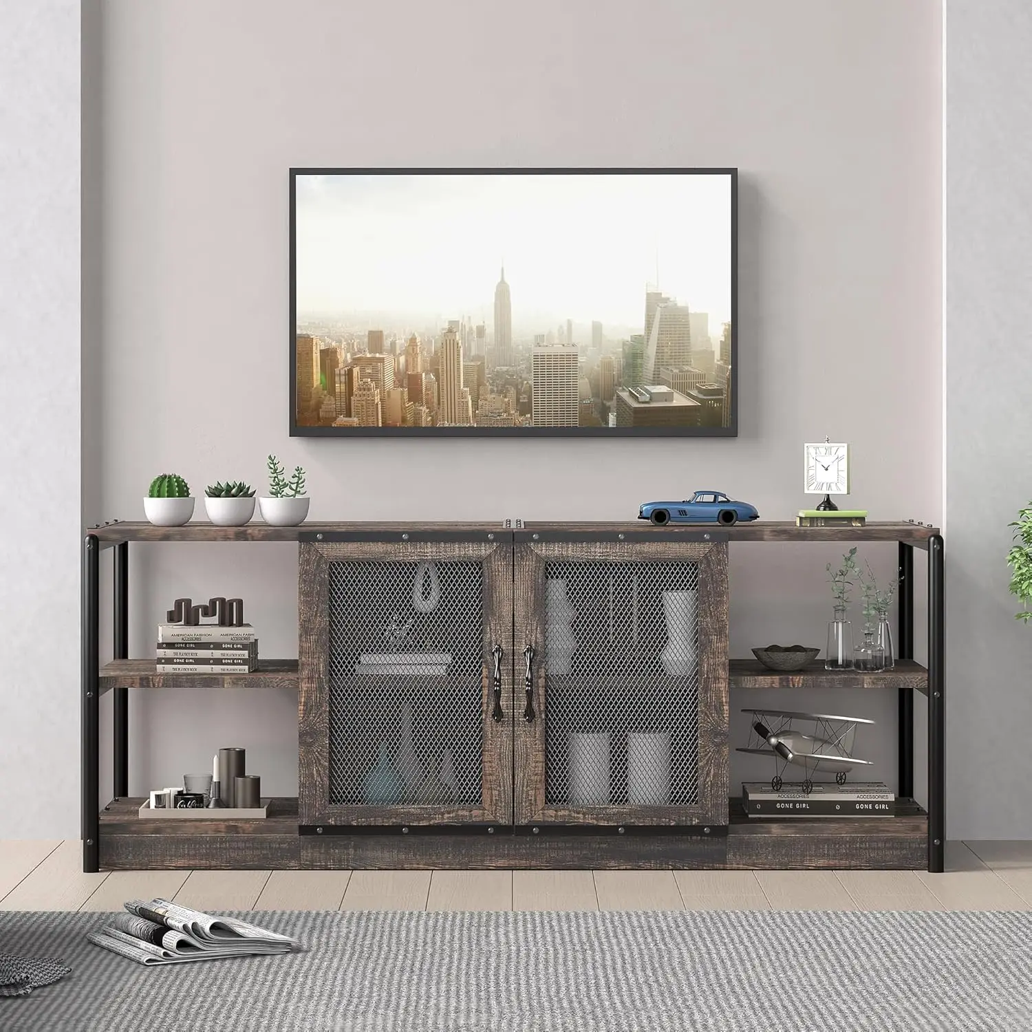 Bauernhaus-TV-Ständer für 65/75-Zoll-Fernseher mit Aufbewahrungsschrank und Netztüren, TV-Medienkonsolenschrank, Wohnzimmertisch, Möbel – Detail 1