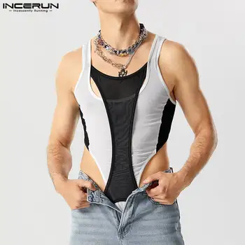 INCERUN 2023 섹시한 남성 점프 수트, 해체 디자인, 2 색 스티치 메쉬 시스루 삼각형 롬퍼 S-5XL, 신상 패션 스타일