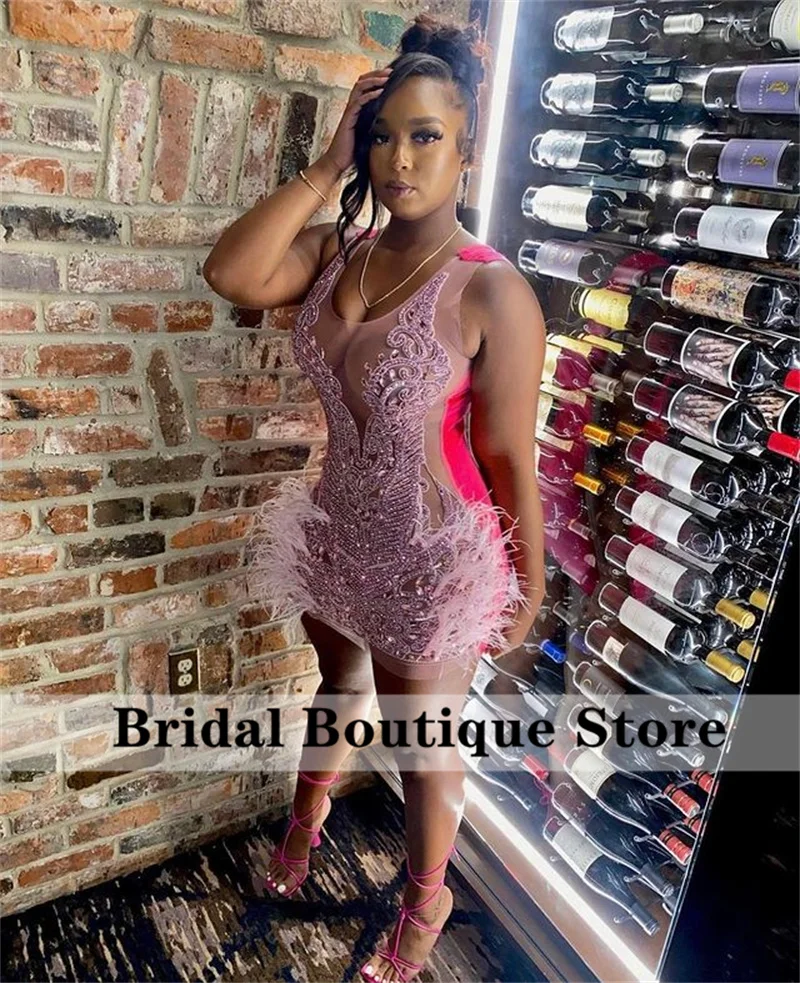 

New Arrival 2024 Sparkly Rhinestones Sexy Prom Dress Beads Crystal Diamonds Feathers Birthday Party Coctail Dress Robe De Bal
