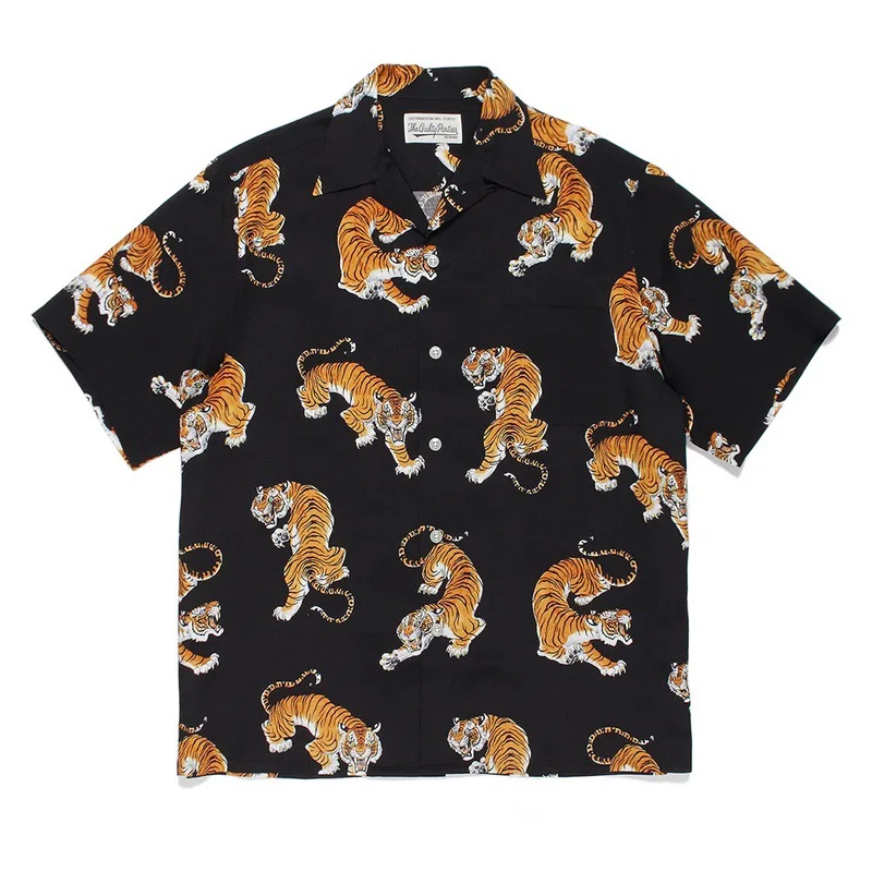 

23SS Wacko Maria Shirt Men Women Top Quality Full Tiger Print Hawaiian Shirts Tee Wholesale Clothes Haikyuu Hippie Clothes