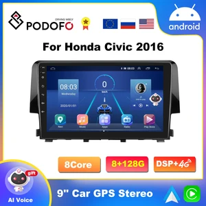 Podofo 2 Din 8+128G Android 11 Car Radio For Honda Civic 2016 Carplay Stereo GPS Wifi Multimedia Video Player Support AI Voice